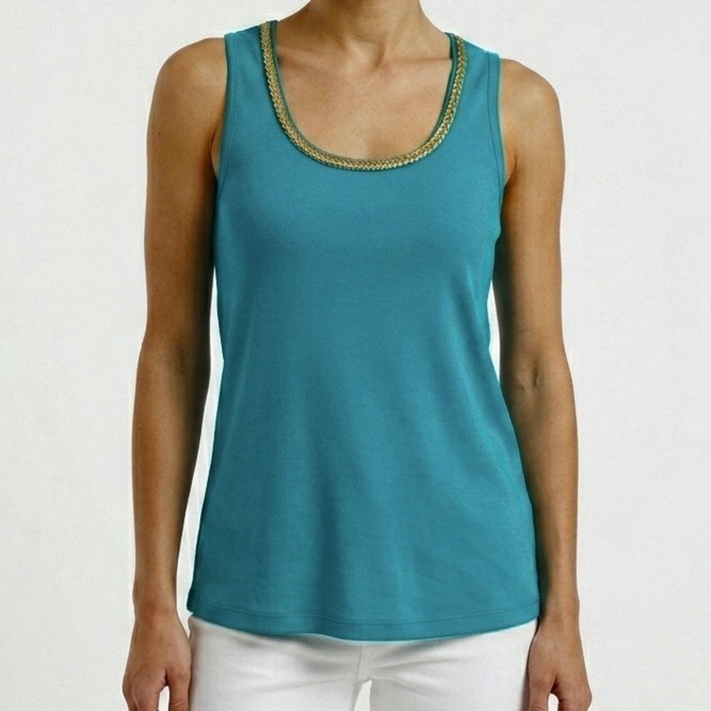 SOFT SURROUNDINGS Teal Tank Top sz Medium Gold Trim Scoop Neck Stretch Knit